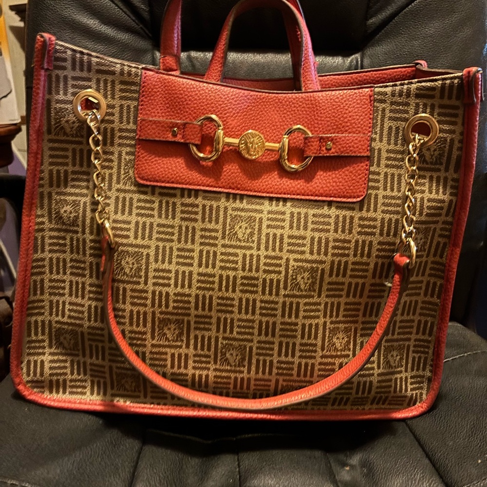 Anne Klein Brown Patterned Tote with salmon color Trim and Gold Hardware